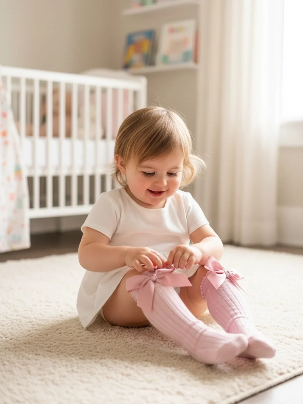 Pink Ribbed Bow Knee-High Socks For Toddlers